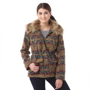 Women’s Aztec Wool Blend Faux Fur Trimmed Winter Coat Jacket Medium Bongo Y2K